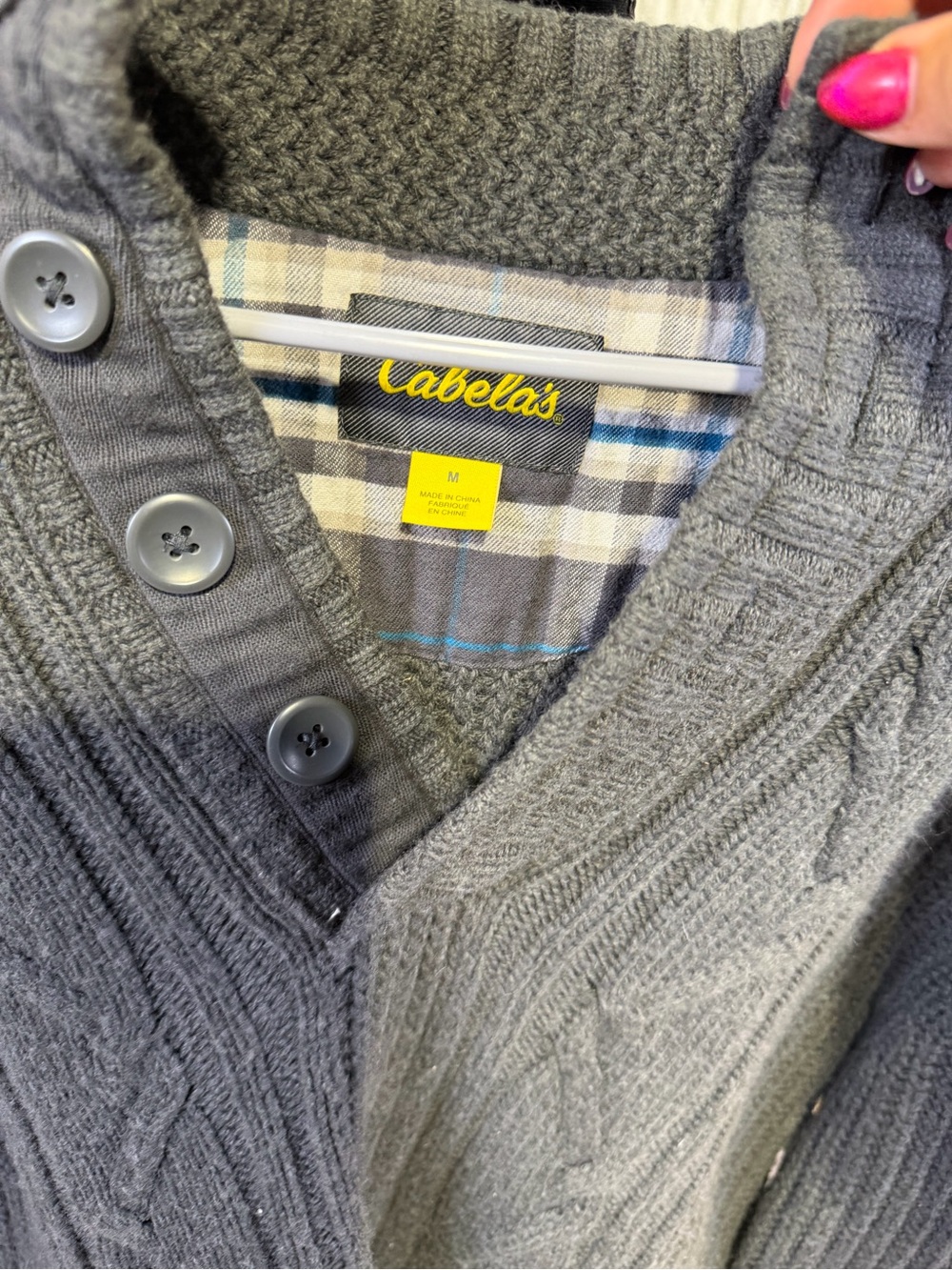 Cabela's Men's Dark Gray Cable-Knit V-Neck Button Sweater - Picture 2 of 6